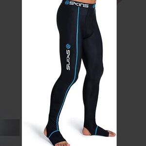 Skins Travel and Recovery Compression Tights in Black with Blue Stitching XS